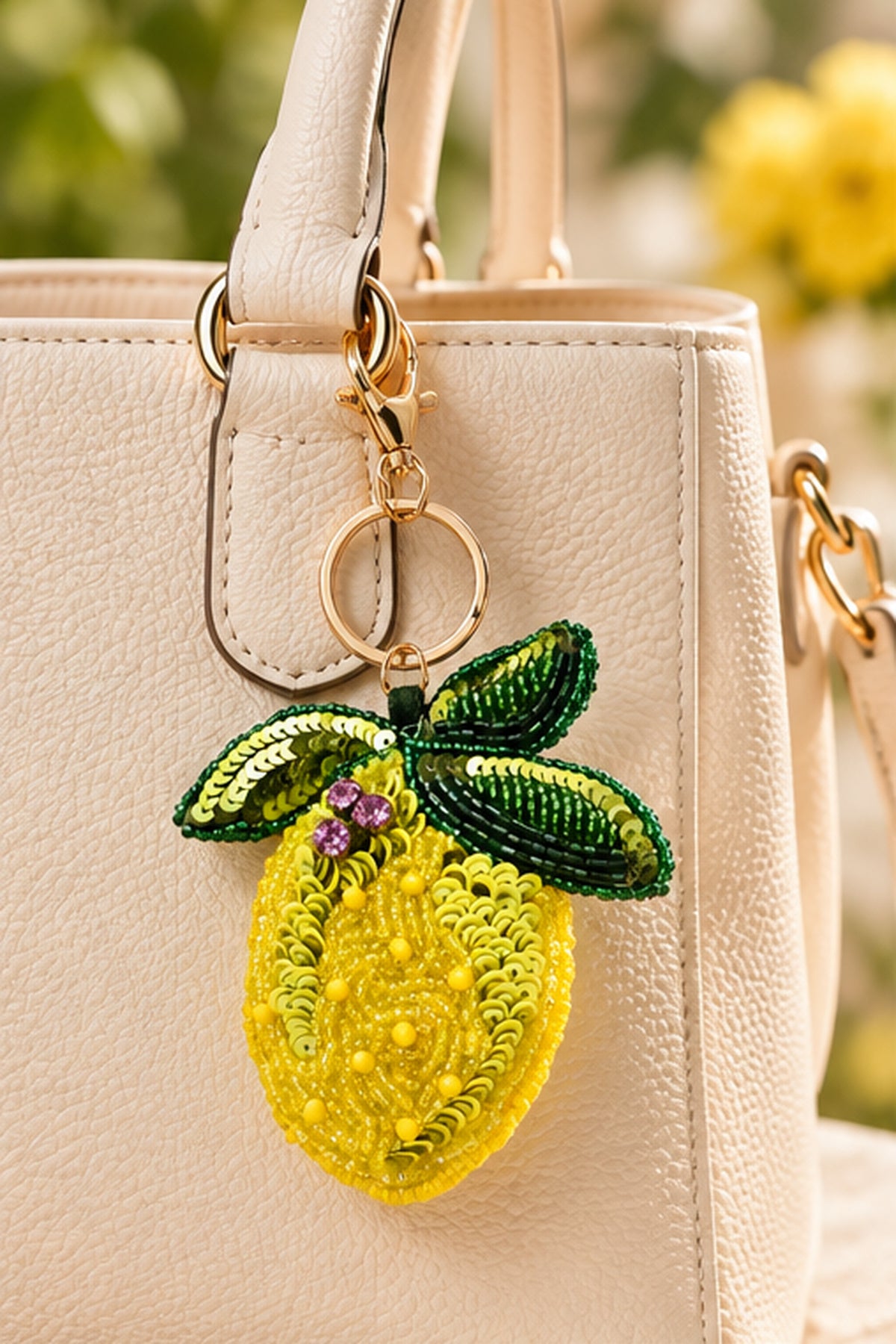 Yellow beaded lemon keychain with green sequin leaves on a stone tray