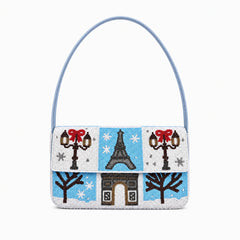 Sky blue and white beaded shoulder bag with Eiffel Tower Design.