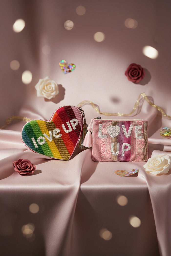 Chroma Love Beaded Pouch - Rainbow Heart & Pink Striped Handcrafted Purse Set of 2