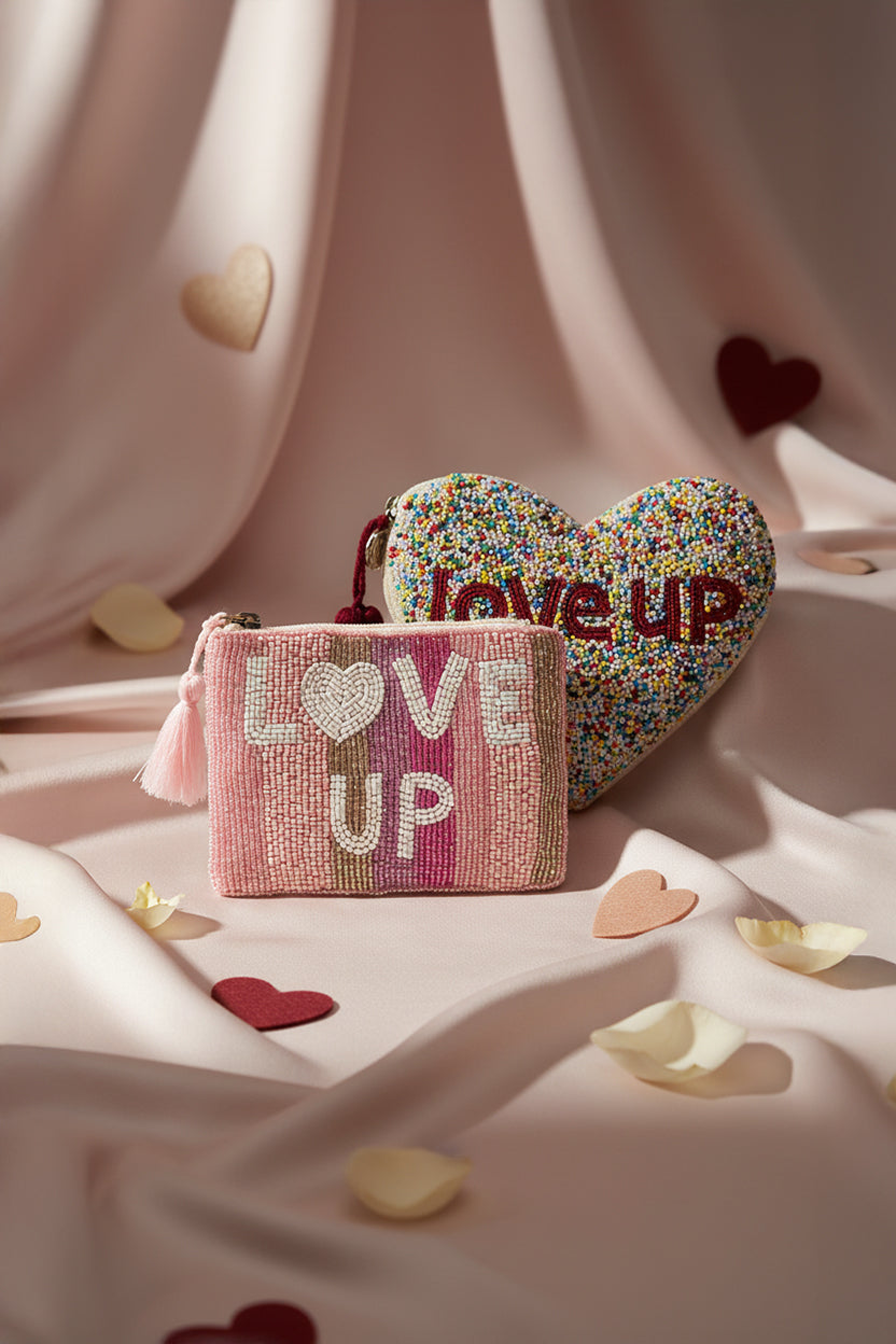 Candy Heart Beaded Pouch - Multicolor Sprinkled Heart & Pink Striped Handcrafted Purse Set of 2