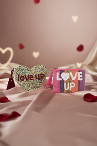 Sparkle & Shine Beaded Pouch - Multicolor Heart & Purple Striped Handcrafted Purse Set of 2