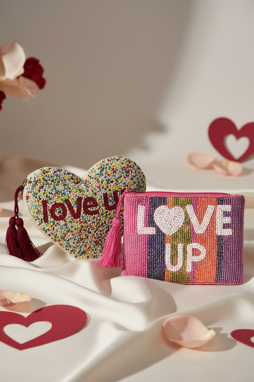 Sparkle & Shine Beaded Pouch - Multicolor Heart & Purple Striped Handcrafted Purse Set of 2