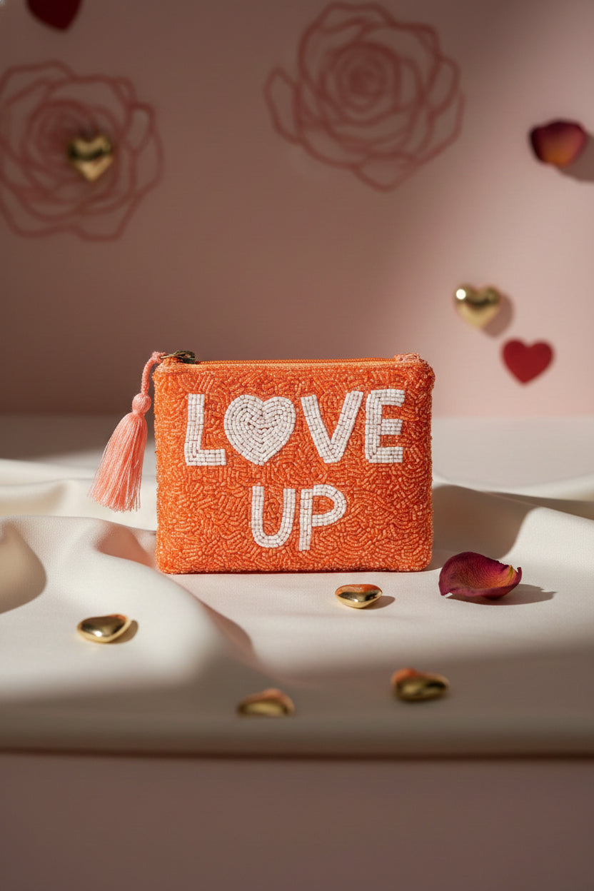Handmade Orange Beaded Coin Pouch - LOVE UP Luxury Mini Coin Pouch