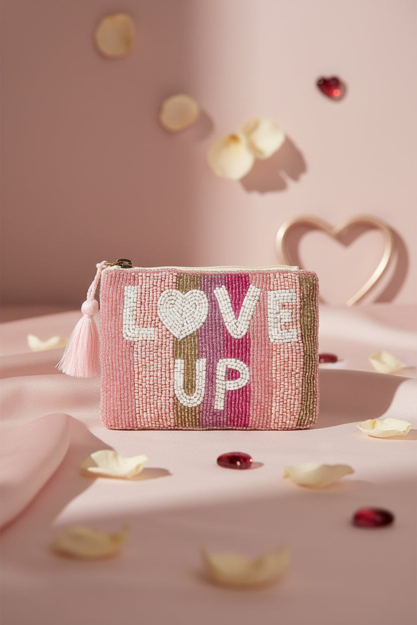Handmade Pink & Gold Striped Beaded Pouch - LOVE UP Luxury Coin Pouch