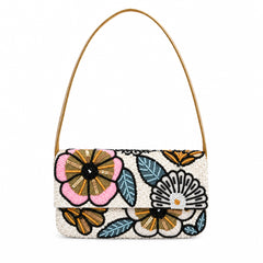 Ivory sequin shoulder bag with pink, white and olive beaded flowers outlined.