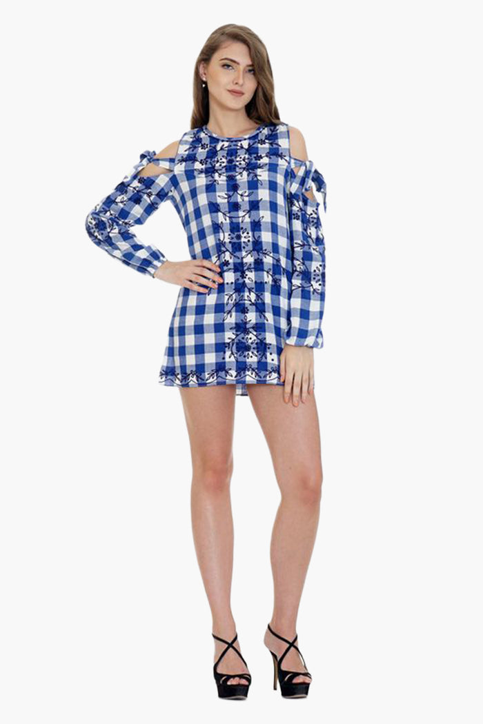 Gingham Bloom Cold-Shoulder Mini Dress