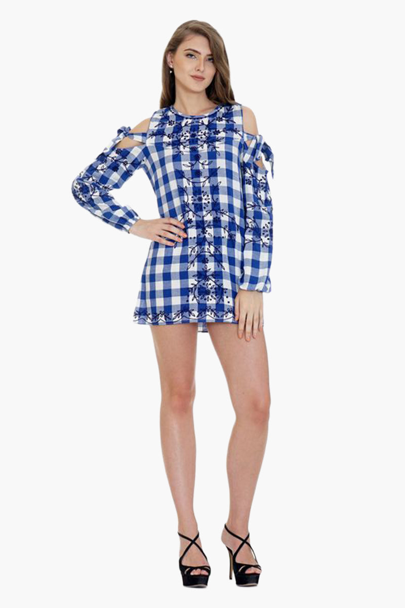 Gingham Bloom Cold-Shoulder Mini Dress